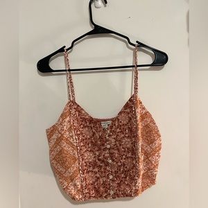 American Eagle Pink and Red Woven Cropped Top with Multi Floral Print